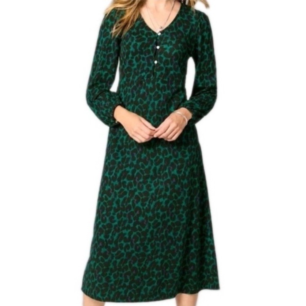 J Jill Dress Sz Large Petite Green Leopard Lightweight Midi Office Modest Work